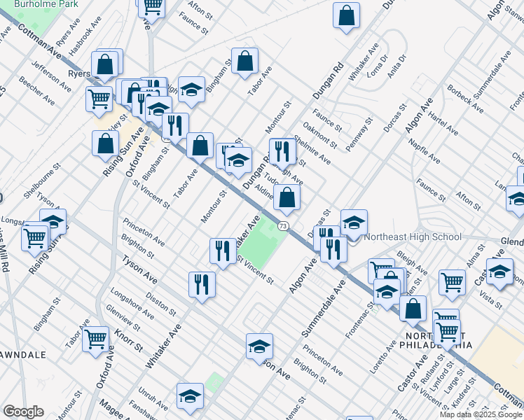 map of restaurants, bars, coffee shops, grocery stores, and more near Cottman Avenue & Whitaker Avenue in Philadelphia