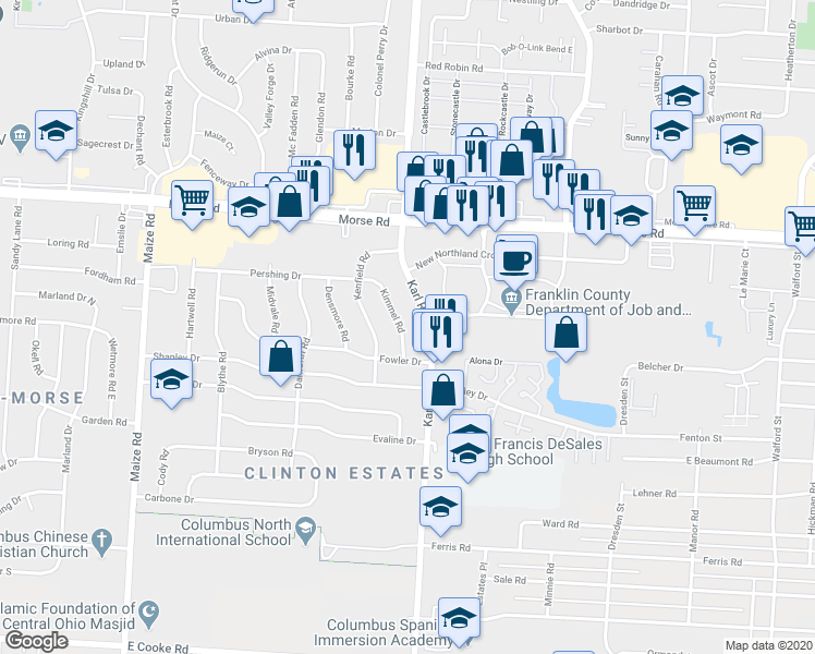 map of restaurants, bars, coffee shops, grocery stores, and more near 4426 Kimmel Road in Columbus