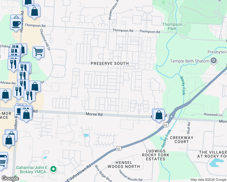 map of restaurants, bars, coffee shops, grocery stores, and more near 6337 Needletail Road in Columbus