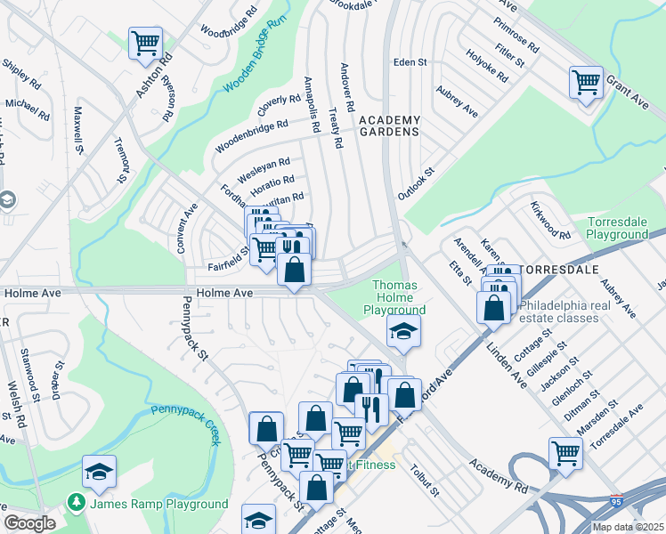 map of restaurants, bars, coffee shops, grocery stores, and more near 3266 Fordham Road in Philadelphia