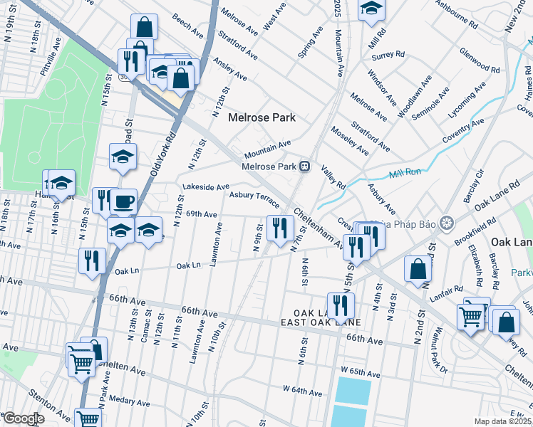 map of restaurants, bars, coffee shops, grocery stores, and more near 827 69th Avenue in Philadelphia