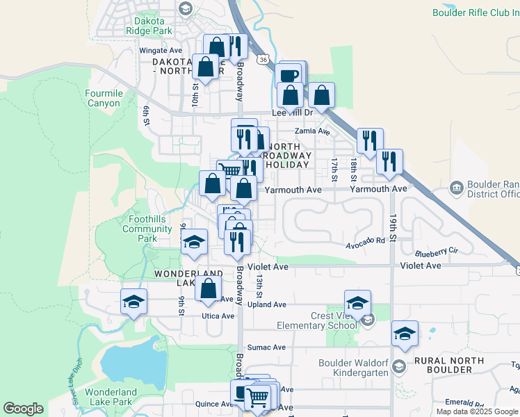 map of restaurants, bars, coffee shops, grocery stores, and more near 4570 13th Street in Boulder