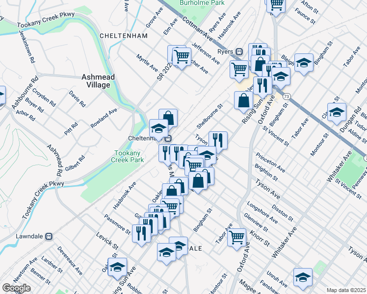 map of restaurants, bars, coffee shops, grocery stores, and more near 6921 Shelbourne Street in Philadelphia