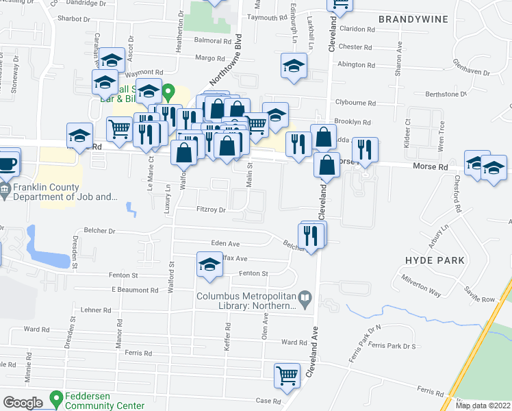 map of restaurants, bars, coffee shops, grocery stores, and more near 4338 Malin Street in Columbus