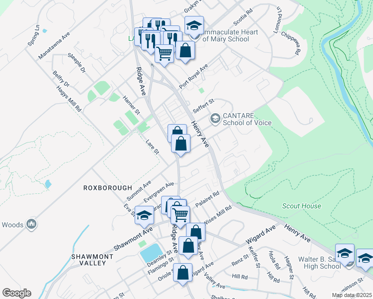 map of restaurants, bars, coffee shops, grocery stores, and more near 601 Crestview Road in Philadelphia