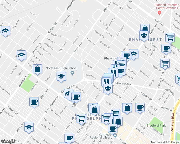 map of restaurants, bars, coffee shops, grocery stores, and more near 1722 Shelmire Ave in Philadelphia