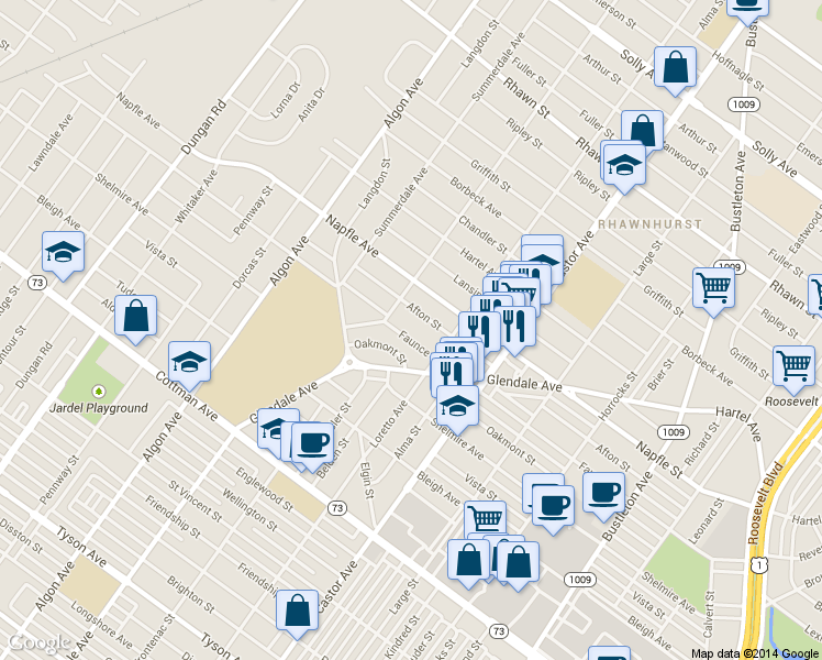 map of restaurants, bars, coffee shops, grocery stores, and more near 1819 Faunce Street in Philadelphia