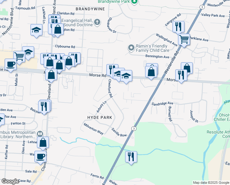 map of restaurants, bars, coffee shops, grocery stores, and more near 2738 Arbury Court in Columbus