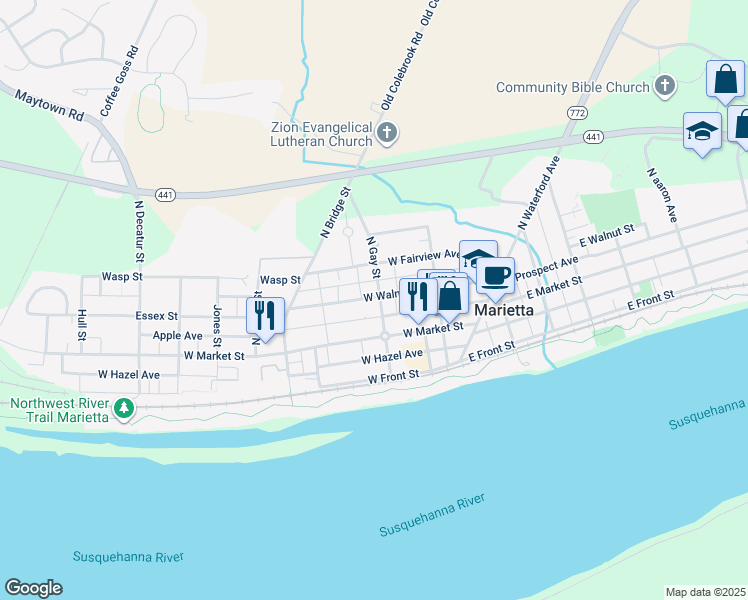 map of restaurants, bars, coffee shops, grocery stores, and more near 37 North Gay Street in Marietta