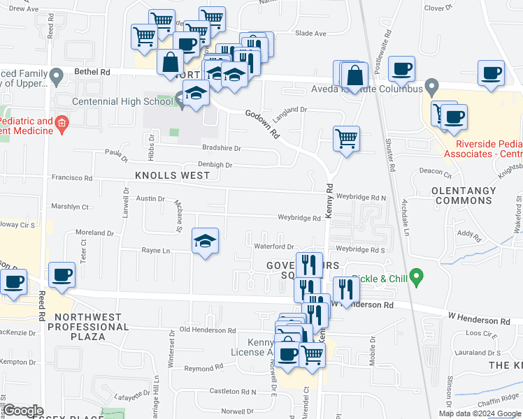 map of restaurants, bars, coffee shops, grocery stores, and more near 1304 Weybridge Road in Columbus