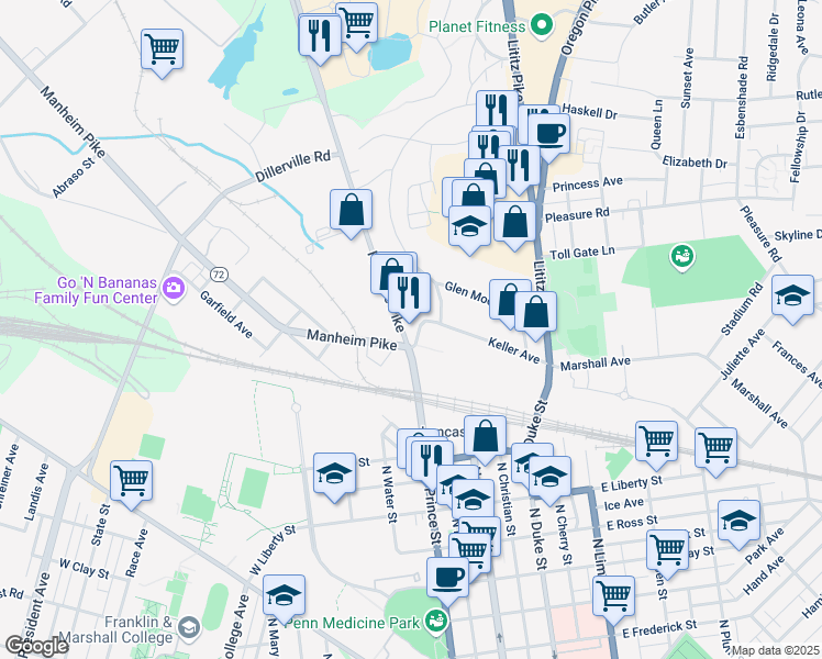 map of restaurants, bars, coffee shops, grocery stores, and more near 1325 Fruitville Pike in Lancaster