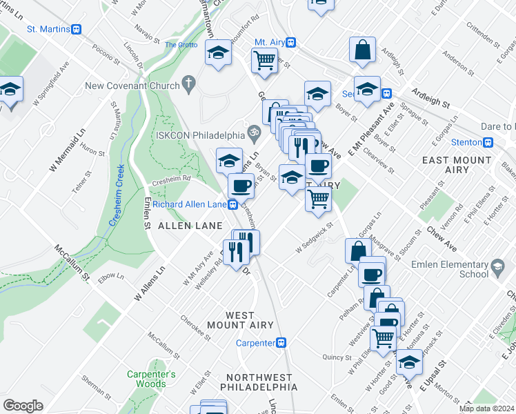 map of restaurants, bars, coffee shops, grocery stores, and more near 138 West Mount Airy Avenue in Philadelphia