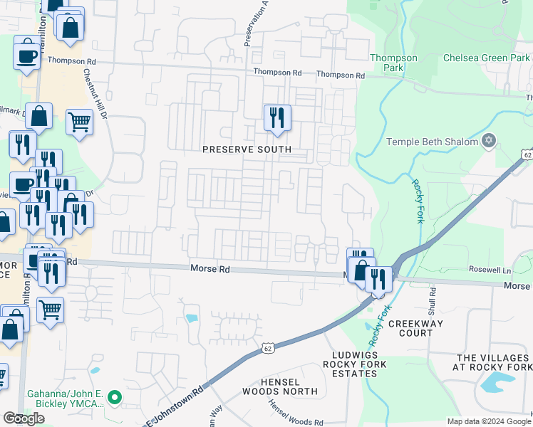 map of restaurants, bars, coffee shops, grocery stores, and more near 3775 Preserve Crossing Boulevard in Columbus