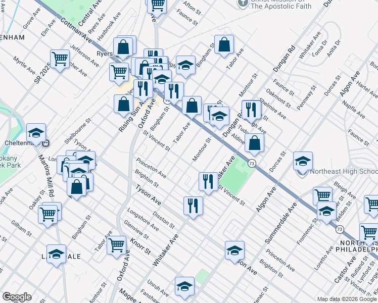 map of restaurants, bars, coffee shops, grocery stores, and more near 7217 Claridge Street in Philadelphia