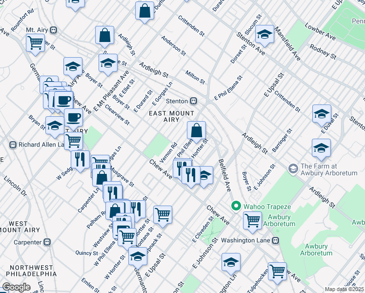 map of restaurants, bars, coffee shops, grocery stores, and more near 405 East Phil Ellena Street in Philadelphia