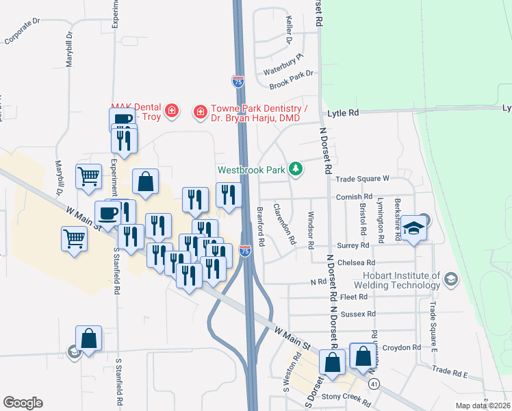 map of restaurants, bars, coffee shops, grocery stores, and more near 790 Branford Road in Troy