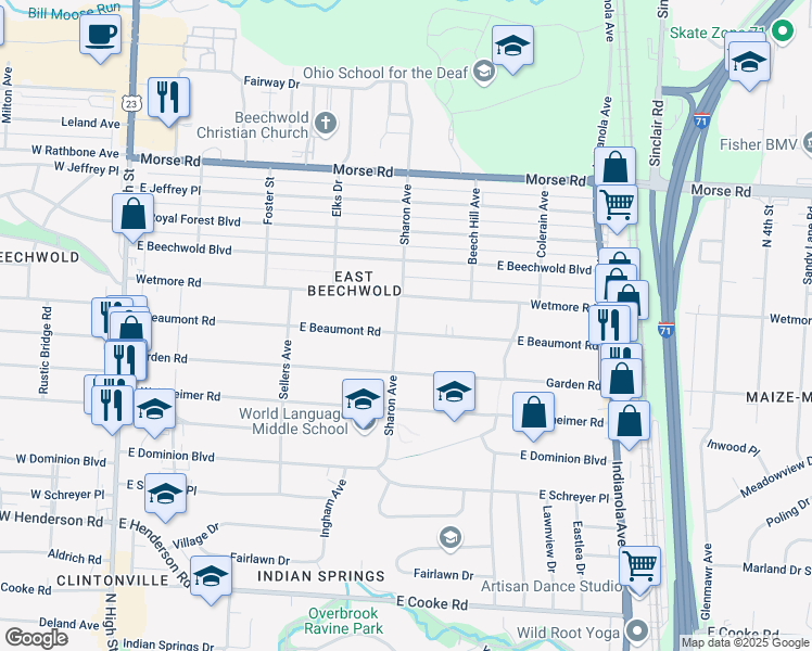 map of restaurants, bars, coffee shops, grocery stores, and more near 410 East Beaumont Road in Columbus