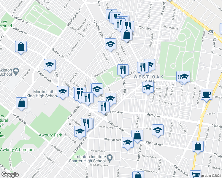 map of restaurants, bars, coffee shops, grocery stores, and more near 6843 Woolston Avenue in Philadelphia