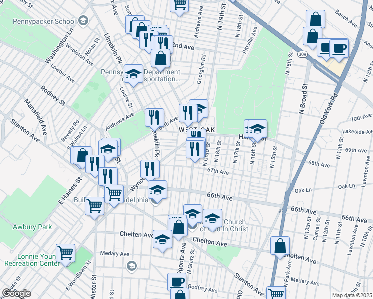 map of restaurants, bars, coffee shops, grocery stores, and more near 1920 68th Avenue in Philadelphia