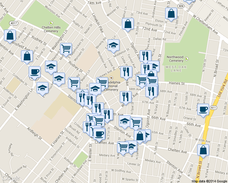 map of restaurants, bars, coffee shops, grocery stores, and more near 6843 Woolston Avenue in Philadelphia