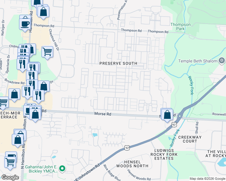 map of restaurants, bars, coffee shops, grocery stores, and more near 6257 Needletail Road in Columbus