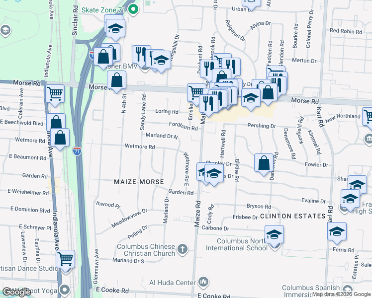 map of restaurants, bars, coffee shops, grocery stores, and more near 4480 Wetmore Road East in Columbus
