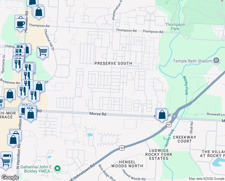 map of restaurants, bars, coffee shops, grocery stores, and more near 6293 Needletail Road in Columbus