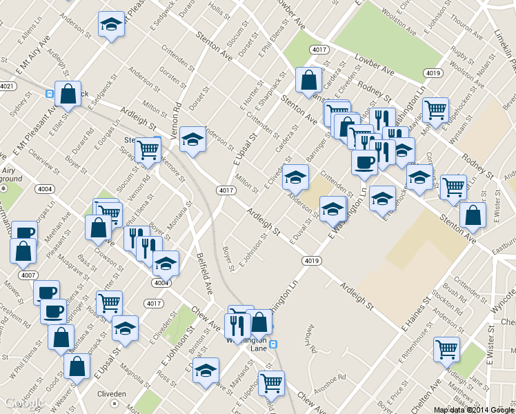 map of restaurants, bars, coffee shops, grocery stores, and more near 1106 East Cliveden Street in Philadelphia