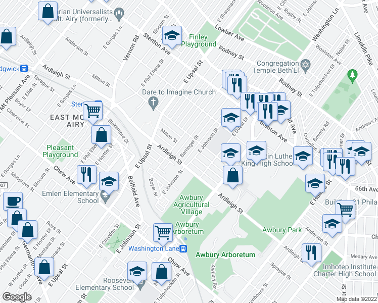 map of restaurants, bars, coffee shops, grocery stores, and more near 1118 Barringer Street in Philadelphia