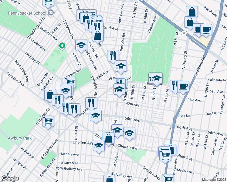 map of restaurants, bars, coffee shops, grocery stores, and more near 1920 68th Avenue in Philadelphia