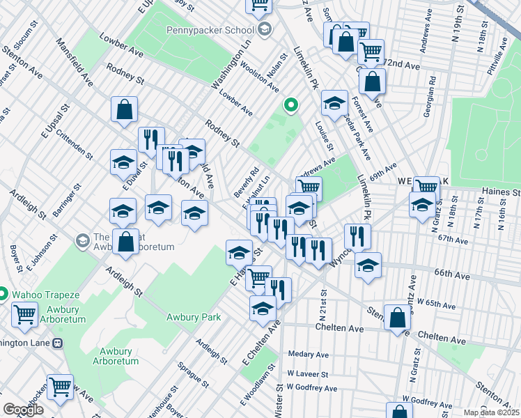 map of restaurants, bars, coffee shops, grocery stores, and more near 6624 Hollis Street in Philadelphia
