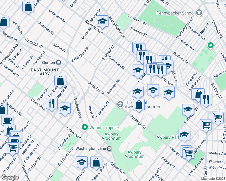 map of restaurants, bars, coffee shops, grocery stores, and more near 1118 Barringer Street in Philadelphia