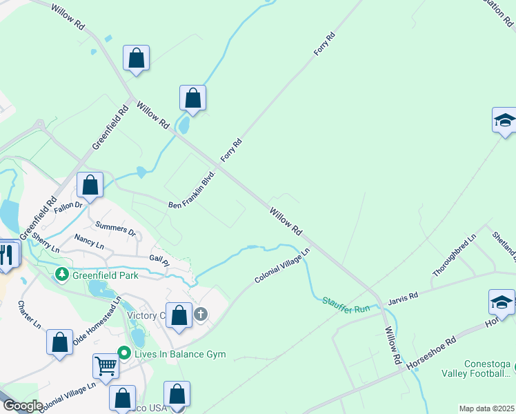 map of restaurants, bars, coffee shops, grocery stores, and more near 450 Willow Rd in Lancaster
