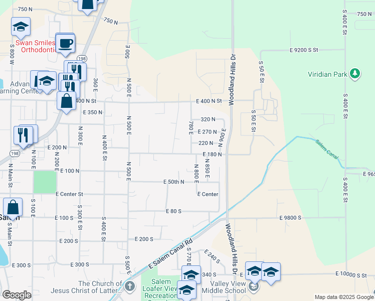 map of restaurants, bars, coffee shops, grocery stores, and more near 763 East 180 North in Salem
