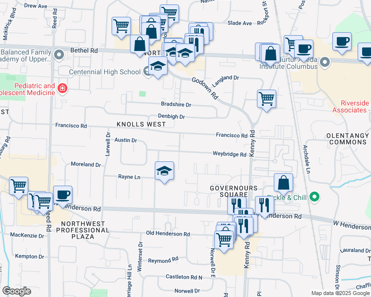 map of restaurants, bars, coffee shops, grocery stores, and more near 1364 Weybridge Road in Columbus
