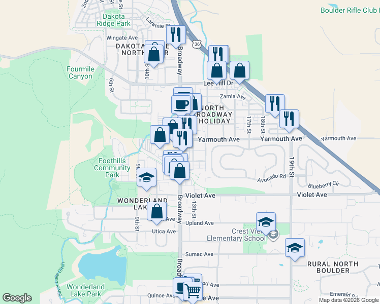 map of restaurants, bars, coffee shops, grocery stores, and more near 4580 Broadway in Boulder