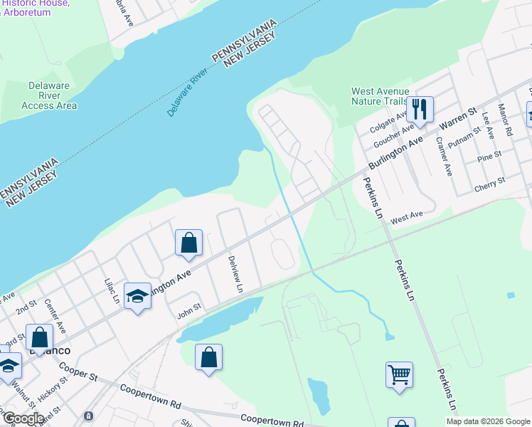 map of restaurants, bars, coffee shops, grocery stores, and more near 6 Trout Trail in Delanco