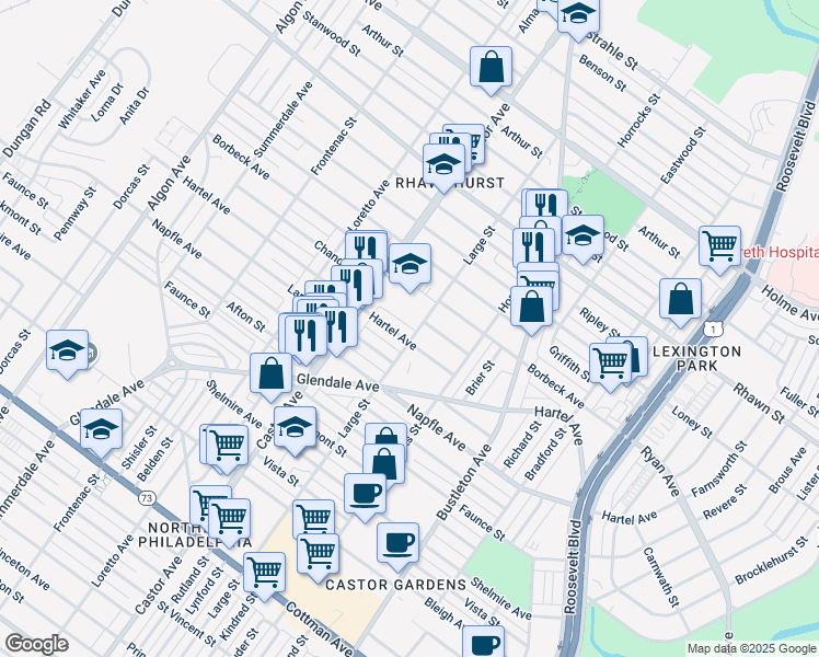 map of restaurants, bars, coffee shops, grocery stores, and more near 7831 Large Street in Philadelphia