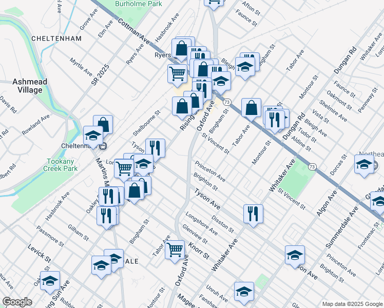 map of restaurants, bars, coffee shops, grocery stores, and more near 7101 Oxford Avenue in Philadelphia