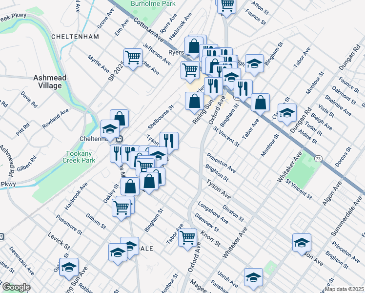 map of restaurants, bars, coffee shops, grocery stores, and more near 7023 Rising Sun Avenue in Philadelphia