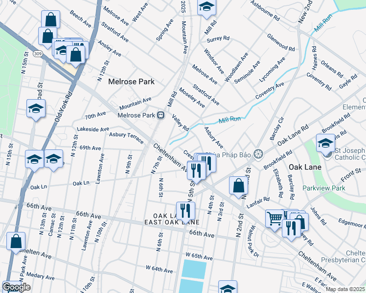 map of restaurants, bars, coffee shops, grocery stores, and more near 7224 Chestnut Avenue in Melrose Park