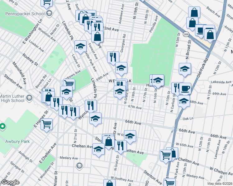 map of restaurants, bars, coffee shops, grocery stores, and more near in Philadelphia
