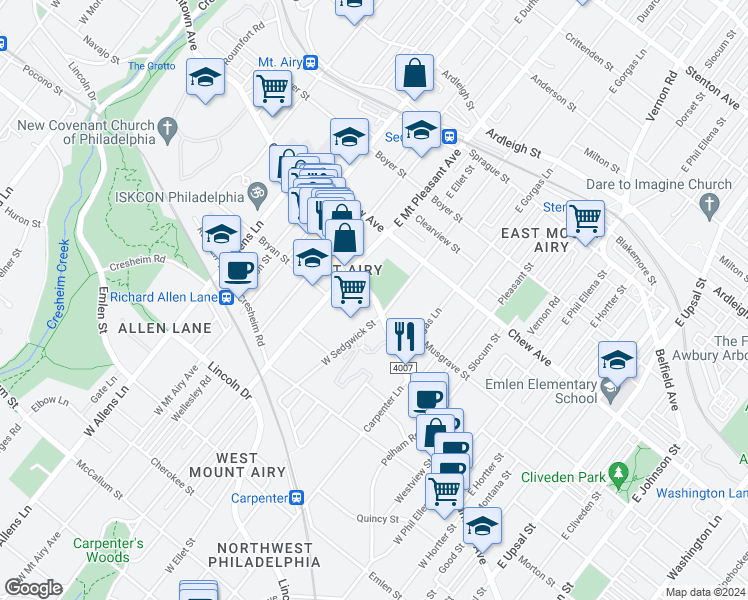 map of restaurants, bars, coffee shops, grocery stores, and more near 7048 Germantown Avenue in Philadelphia