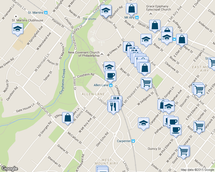 map of restaurants, bars, coffee shops, grocery stores, and more near 7213 Charlton Street in Philadelphia