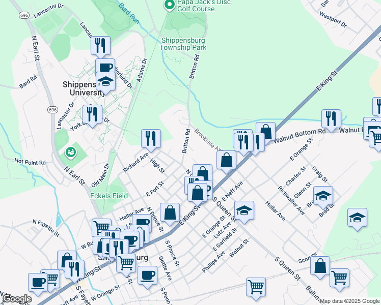 map of restaurants, bars, coffee shops, grocery stores, and more near 23 Kenneth Avenue in Shippensburg