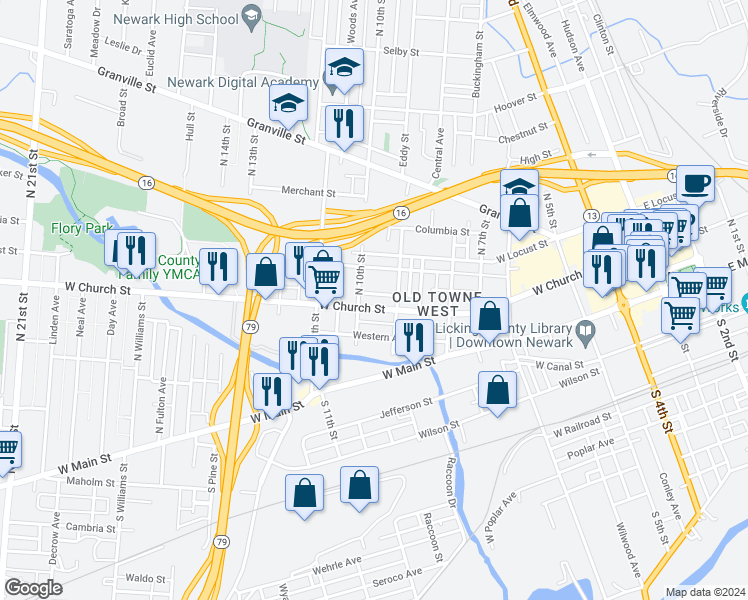 map of restaurants, bars, coffee shops, grocery stores, and more near 282 West Church Street in Newark