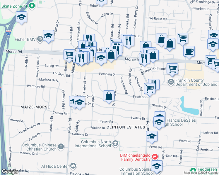 map of restaurants, bars, coffee shops, grocery stores, and more near 4459 Danforth Road in Columbus