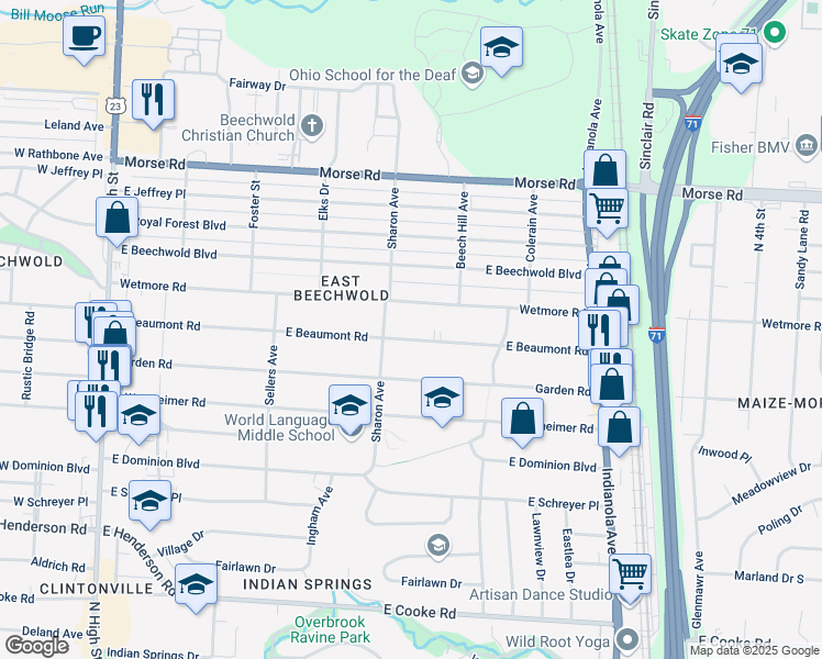 map of restaurants, bars, coffee shops, grocery stores, and more near 410 East Beaumont Road in Columbus