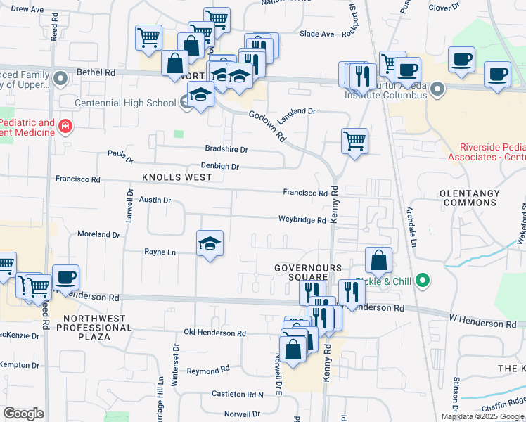 map of restaurants, bars, coffee shops, grocery stores, and more near 1304 Weybridge Road in Columbus