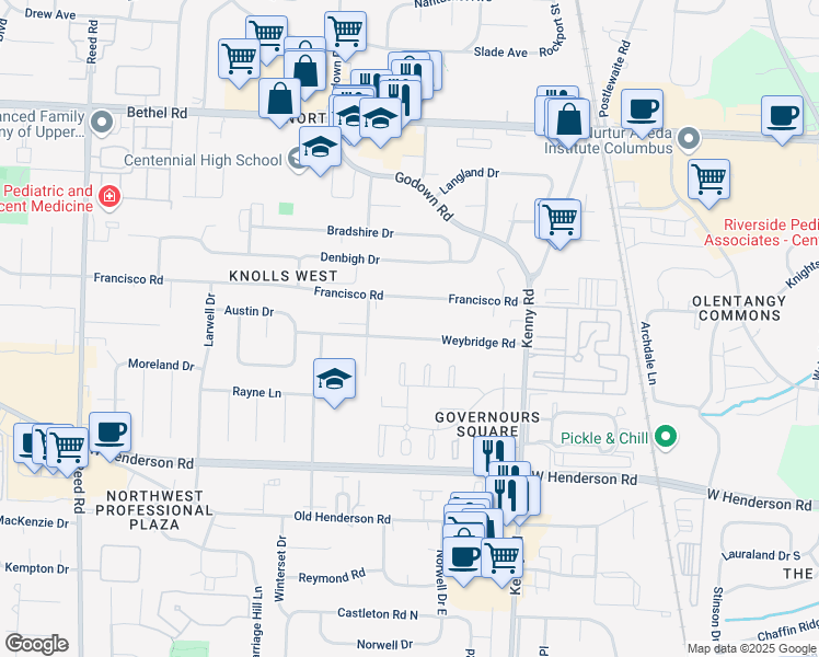 map of restaurants, bars, coffee shops, grocery stores, and more near 1304 Weybridge Road in Columbus